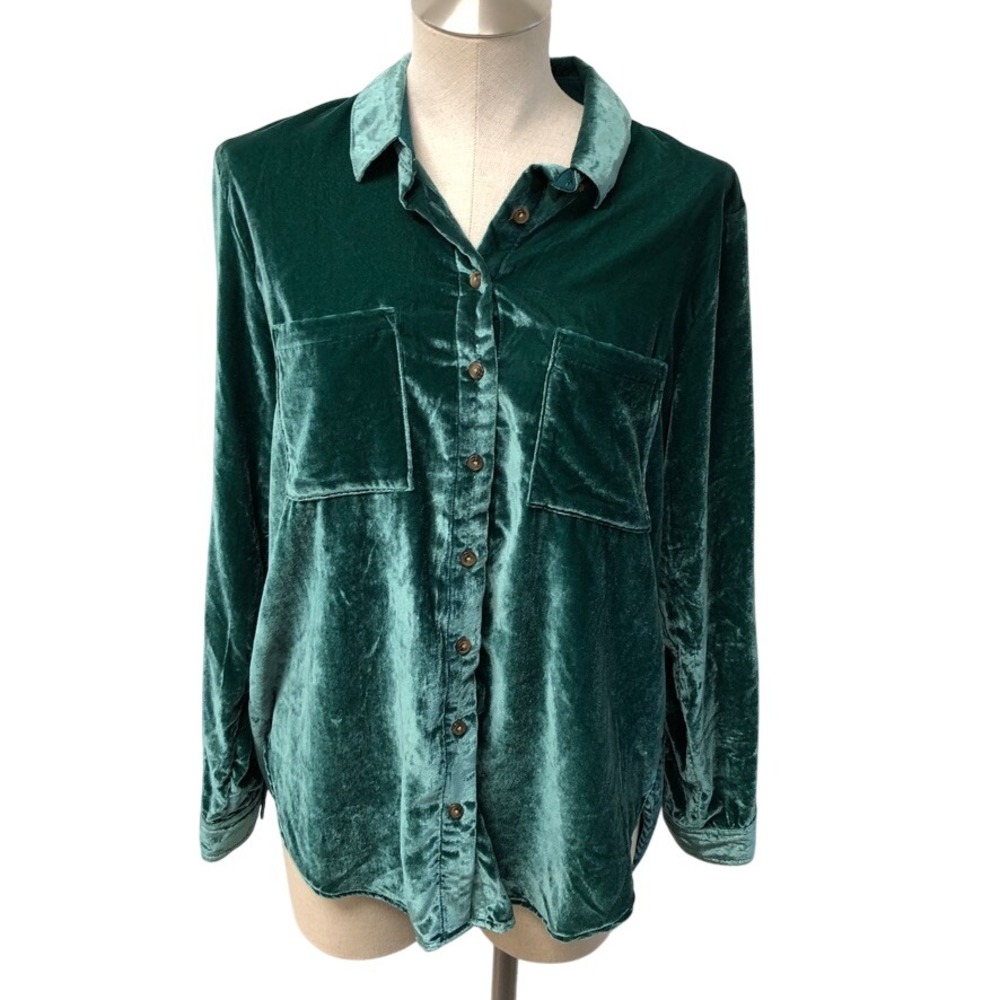 Pilcro Button Down Shirt Womens Small Green Velvet Long Sleeve Boho Oversize